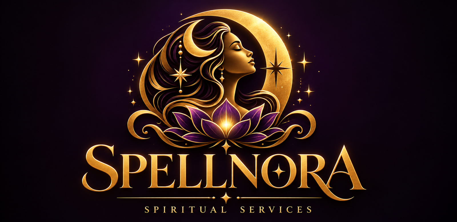 Spellnora Spiritual Services logo featuring a golden mystical woman, crescent moon, purple lotus flower, and elegant Spellnora lettering.
